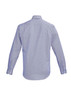 A button-up shirt in light blue with long sleeves and a back view. It features a logo on the label.