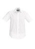A white short sleeve button-up shirt with a collar and a logo on the chest.