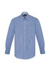 A blue and white checkered long sleeve button-up shirt featuring a chest pocket and a collar.