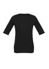 A black women's short sleeve T-top with a round neckline and three-quarter length sleeves. Features a branded logo.