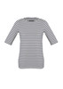 A women's short sleeve T-shirt in navy and white stripes, featuring a round neckline and an attached logo.