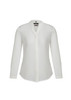 A white women's long sleeve blouse with a button-up front and a collar, featuring a brand logo.