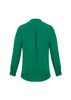 A green long sleeve blouse with a button-up neckline and a pleat detail at the back. Features a logo on the fabric.