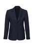 A navy women's longline jacket with a notched collar and two front pockets. It features a logo on the interior.