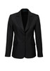 A black longline women's jacket with a blazer style, featuring two buttons and front pockets. It has a logo.