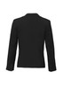 A black women's short jacket featuring a reverse lapel and long sleeves, with button details on the cuffs.