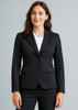 A black women's mid-length jacket with two buttons and a tailored fit, featuring pockets and a single branding logo.