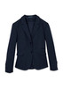 A navy blue mid-length women's jacket with a two-button design and front pockets, featuring a logo.