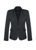 A women's mid-length jacket in dark grey, featuring a two-button closure and a fitted silhouette.