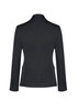 A black mid-length women's blazer featuring a two-button front and button detailing on the sleeves.