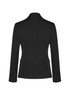 A black mid-length women's jacket with a two-button front and tailored fit, featuring a back view.