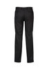 A pair of black flat front men's slacks featuring a sleek design and back pockets.