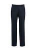 A pair of navy flat front pants for men, featuring a classic design and a waistband with a logo.