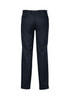 A pair of navy flat front pants for men, featuring a sleek design and two back pockets.