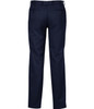Navy adjustable waist pants with a straight cut and two back pockets, featuring a logo. Ideal for casual or formal wear.