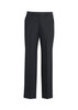 A pair of dark grey wool stretch adjustable waist pants with a straight-leg fit and a waistband.