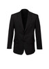 A classic black two-button jacket made from comfortable wool stretch fabric, featuring a notched lapel and pockets.