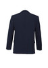 A navy blue men's comfort wool stretch jacket with a two-button design, showing the back view.