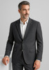 A men’s charcoal grey comfort wool stretch jacket with two buttons and a classic fit, featuring a lapel and pockets.