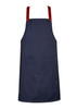 A navy blue apron with red straps and a front pocket, featuring a small logo on the side.