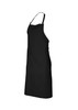 A black bib apron featuring adjustable straps and a front pocket, displaying a simple and sleek design.