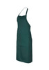 A dark green bib apron with two front pockets and an adjustable neck strap. It features a logo.