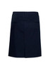 A navy women's skirt featuring a back vent and two back pockets, with a brand logo on the waistband.