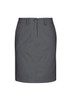 A women's skirt in a dark grey colour, featuring a button closure and a straight cut design.