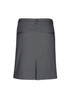 A grey women's skirt featuring a back slit and two back pockets, complete with a brand logo.