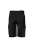 Black men's shorts with cargo pockets at the sides and back, featuring a waistband and a logo.
