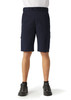Men's dress shorts in navy blue with pockets and a belt. Featured on a man wearing black shoes.