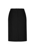 A women's classic knee-length skirt in black, featuring a sleek design and a zip closure at the back.