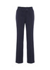 A pair of navy slacks with a straight leg design and two front buttons, featuring a logo on the waistband.