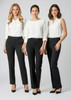 Three women wear black slacks, each paired with different white tops. The pants feature a tailored design and branding.
