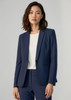 A navy women's blazer with a tailored fit and a single button closure, featuring a subtle branding logo.