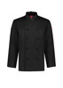 A black long sleeve chef jacket with a double-breasted design and a logo on the sleeve.
