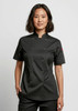 A short sleeve jacket in black, suitable for women's chefwear, featuring double-breasted buttons and a branded logo.