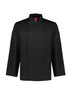 A black long sleeve jacket with a double-breasted front and logo on the sleeve, designed for chefwear uniforms.