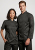A black long sleeve chef jacket for men, featuring a double-breasted design and a logo on the sleeve.