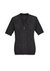 A dark grey women's zip front short sleeve knit cardigan with a relaxed fit. It features a v-neck design and short sleeves.