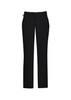 Black men's comfort waist flat front pants with a logo, featuring a straight leg design.