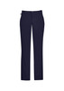Men's comfort waist flat front pants in navy blue, featuring a classic design and a logo on the waistband.