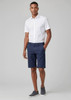 Men's comfort waist cargo shorts in navy, paired with a white short-sleeve shirt and grey shoes. Logo present.