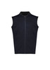 A sleeveless black vest with a zip front and a high collar. It features a subtle texture and has a logo.