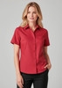 A red short sleeve shirt with a collar and a pocket, featuring a logo.