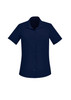 A short sleeve women's shirt in navy blue with a collar and a front pocket. It features buttons and has a logo.