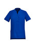 A blue women's tunic with a collar, short sleeves, a button placket, and pockets. It features a logo.