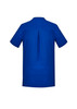 A blue women's tunic featuring short sleeves and a back pleat, with a logo on the label.