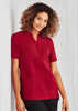 A burgundy women's tunic with a collar, short sleeves, buttons, and two front pockets. Features a logo.
