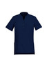 A navy blue women's tunic featuring a mandarin collar, short sleeves, and front button detailing with side pockets.